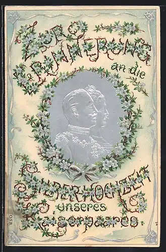 AK Silberne Hochzeit Kaiser Wilhelm II. u. Kaiserin Auguste Viktoria, Blumen, Kronen