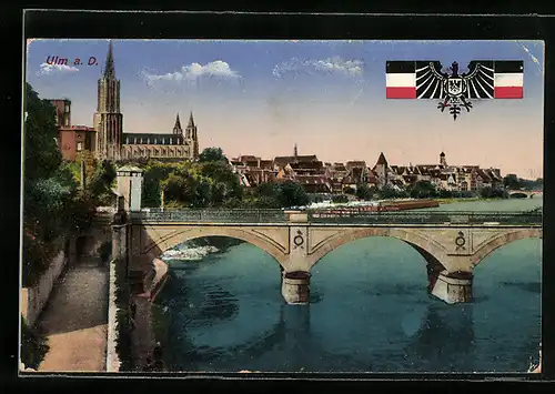 AK Ulm a. d. Donau, Donaubrücke mit Stadtansicht und Kloster, Reichsfarben