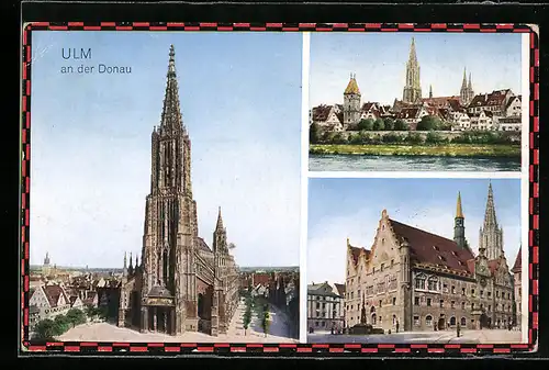AK Ulm a. D. Donau, das Münster mit Vorplatz, Stadttotale mit Stadtmauer und Rathaus