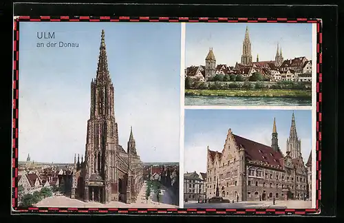 AK Ulm a. d. Donau, das Müsnter, Stadtansicht mit Stadtmauer, das Rathaus