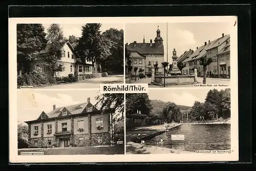 AK Römhild, Karl-Marx-Platz mit Rathaus, Schwimmbad mit Steinsburg, Waldhaus