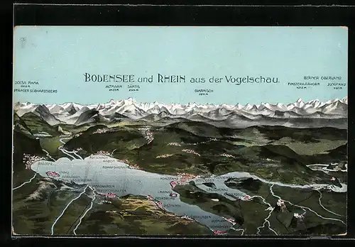 AK Konstanz am Bodensee, Landkarte des Bodensee mit angrenzenden Orten und Rhein aus der Vogelschau