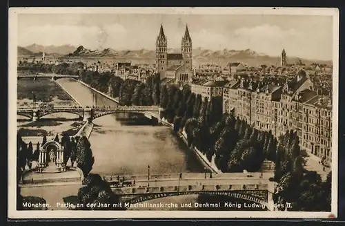 AK München, Partie an der Isar mit Maximilianskirche und Denkmal König Ludwig des II.