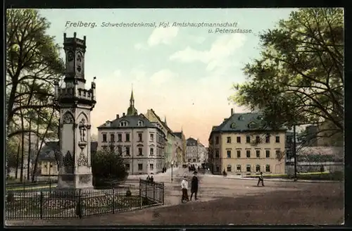 AK Freiberg, Königliche Amtshauptmannschaft und Petersstrasse mit Schwedendenkmal