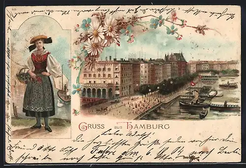 Lithographie Hamburg, Uferpartie mit Dampfern, Frau in Tracht