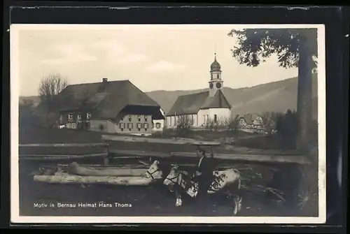 AK Bernau, Motiv in Bernau, Kirche, Rinder, Heimat Hans Thoma