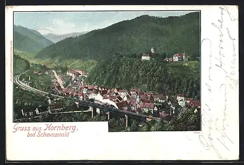 AK Hornberg, Ortsansicht mit Eisenbahnbrücke