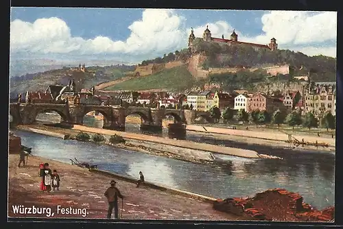 Künstler-AK Würzburg, Festung mit Brücke