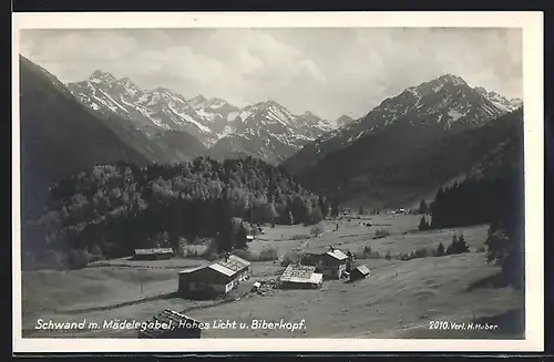 AK Schwand, Ortsansicht mit Mädelegabel, Hohes Licht u. Biberkopf