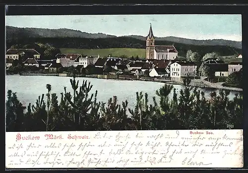 AK Buckow, Ortsansicht mit Kirche und Buckower See