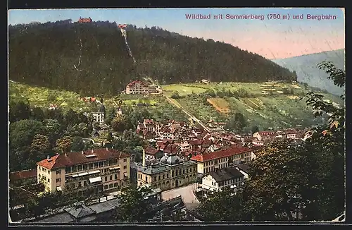 AK Wildbad, Teilansicht mit Sommerberg und Bergbahn
