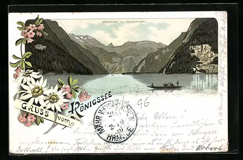 Lithographie Königssee, Teilansicht vom Malerwinkel aus gesehen