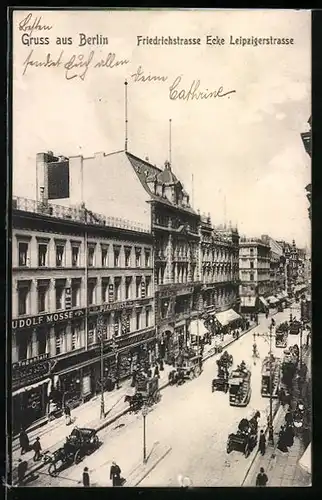 AK Berlin, Friedrichstrasse Ecke Leipzigerstrasse, Busse, Pferdefuhrwerke