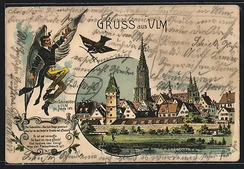 Lithographie Ulm, Schneider von Ulm und Ortsansicht vom Wasser aus