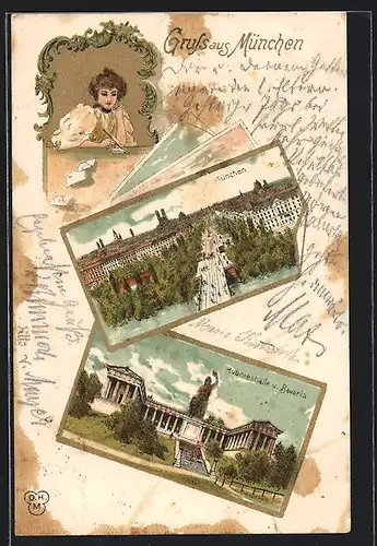 Lithographie München, Ruhmeshalle und Bavaria