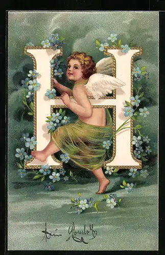 AK Engel mit Buchstaben H im Wolkenhimmel