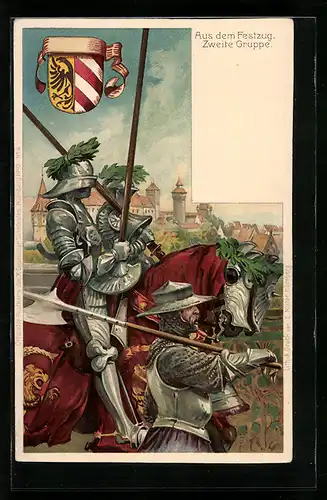 Lithographie: Nürnberg, X. Deutsches Turnfest 1903, Zweite Gruppe im Festzug, Wappen