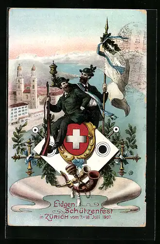 AK Zürich, Eidgen. Schützenfest 1907, Ortsansicht, Wappen