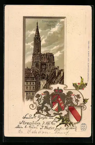 Passepartout-Lithographie Strassburg i/E, Das Münster, Wappen