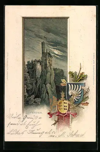 Passepartout-Lithographie Schloss Lichtenstein, Wappen