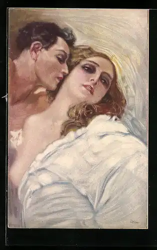 Künstler-AK Art Deco, Dame mit entblösster Brust und Geliebter