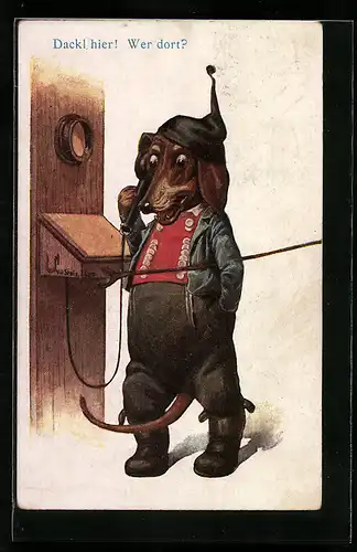 AK Dackel in Lederhosen spricht am Telefon, vermenschlichte Tiere