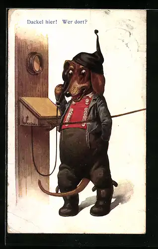AK Dackel in Lederhosen spricht am Telefon, vermenschlichte Tiere