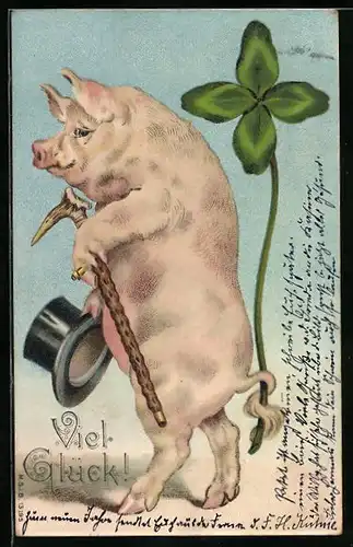 Lithographie Schwein mit Hut, Gehstock und Klee in Gold, vermenschlichte Tiere