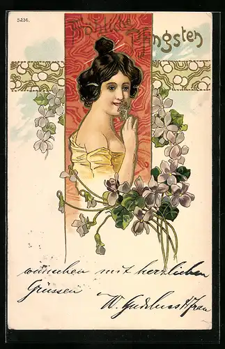Künstler-AK Junge Frau mit Blütengirlande, Jugendstil