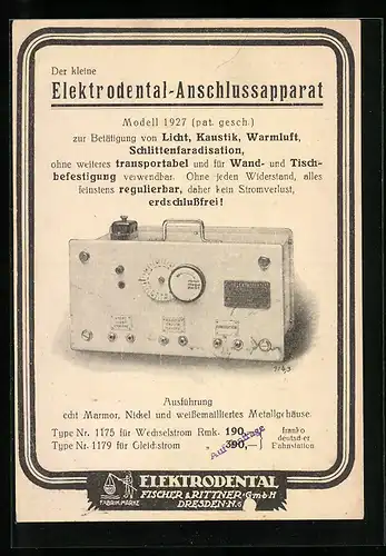 AK Dresden, Reklame von Elektrodental, FIscher & Rittner GmbH, Anschlussapparat Modell 1927