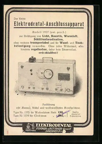 AK Dresden, Fischer & Rittner GmbH, Reklame für Elektrodental-Anschlussapparat von 1927