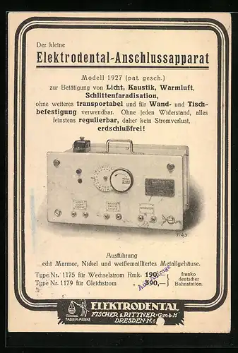AK Dresden, Reklame für den Elektrodental-Anschlussapparat von Fischer & Rittner 1927