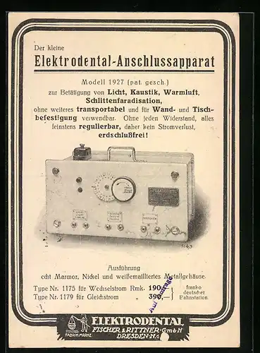 AK Dresden, Elektrodental Reklame von Fischer & Rittner GmbH, Anschlussapparat Modell 1927