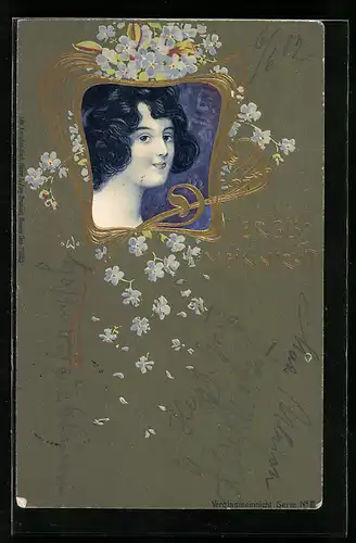 Lithographie Junge Frau im Goldrahmen mit Vergissmeinicht-Blüten, Jugendstil