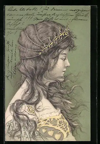 Künstler-AK Schönes Mädchen mit goldenem Diadem, Jugendstil