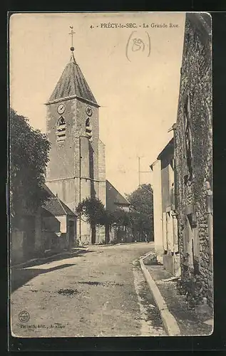 AK Précy-le-Sec, La Grande Rue, Kirche im Sonnenschein