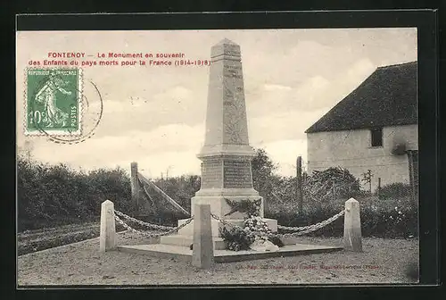 AK Fontenoy, Le Monument en souvenir des Enfants du pays morts pour la France