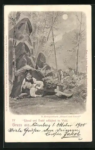 Künstler-AK Hänsel und Gretel von E. Humperdinck, Hänsel und Gretel schlafend im Wald