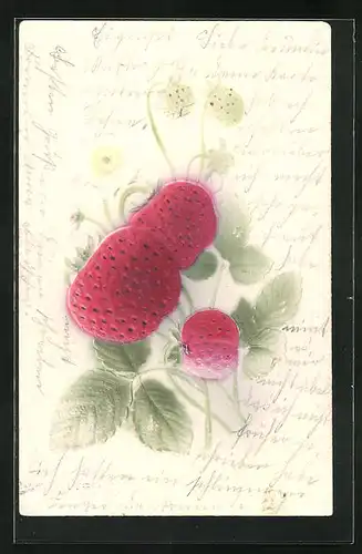 Präge-Airbrush-AK Reife Erdbeeren und Erdbeerblüten