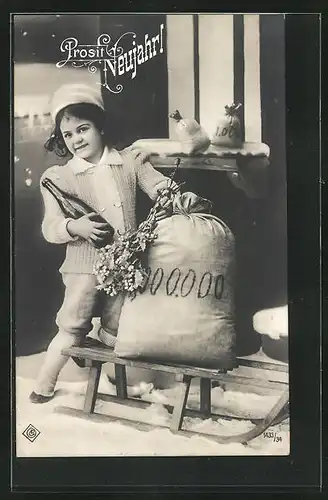 AK Kind mit Flasche und Geldsack auf einem Schlitten, Neujahrsgruss