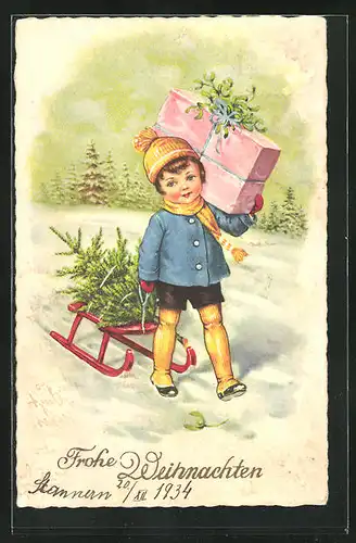 AK Kleiner Junge mit Geschenk und Schlitten, Weihnachtsgruss