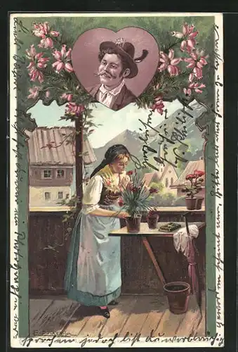 Künstler-Lithographie E. Döcker: Maid mit Blumen
