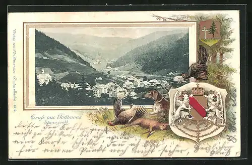 Passepartout-Lithographie Todtmoos, Ortsansicht mit Blick ins Land, Wappen