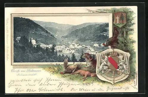 Passepartout-Lithographie Todtmoos, Ortsansicht aus der Vogelschau, Wappen