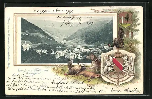 Passepartout-Lithographie Todtmoos, Ortsansicht mit Blick ins Tal, Wappen, erlegtes Wild und Jagdhund