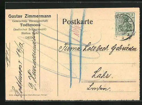 AK Todtmoos, Gemischtwarengeschäft von Gustav Zimmermann, Mitteilungskarte
