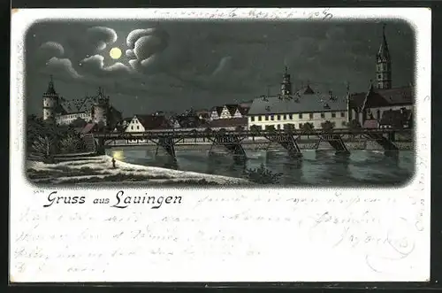 Mondschein-Lithographie Lauingen, Blick über den Fluss auf Gebäude des Ortskernes