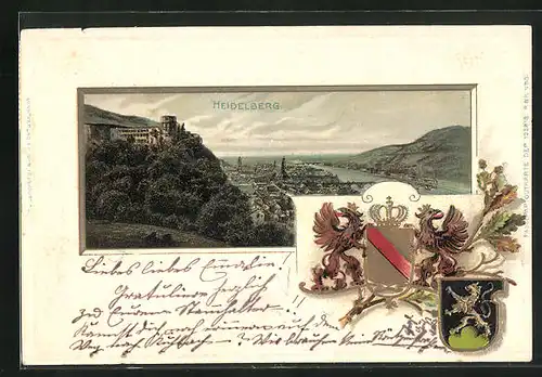 Passepartout-Lithographie Heidelberg, Panoramablick auf die Stadt, Wappen