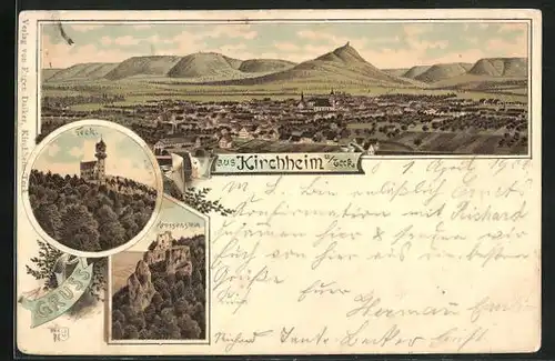 Lithographie Kirchheim u. Teck, Burg Teck, Reussenstein, Panoramablick auf die Ortschaft