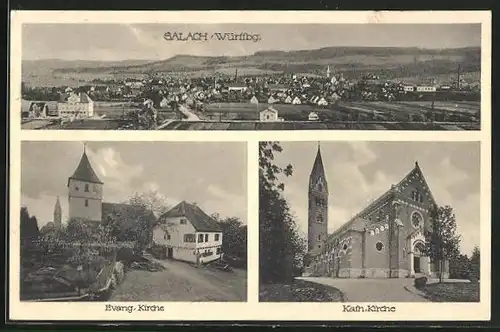 AK Salach / Württbg., Blick auf evang. und kath. Kirche, Ortsansicht